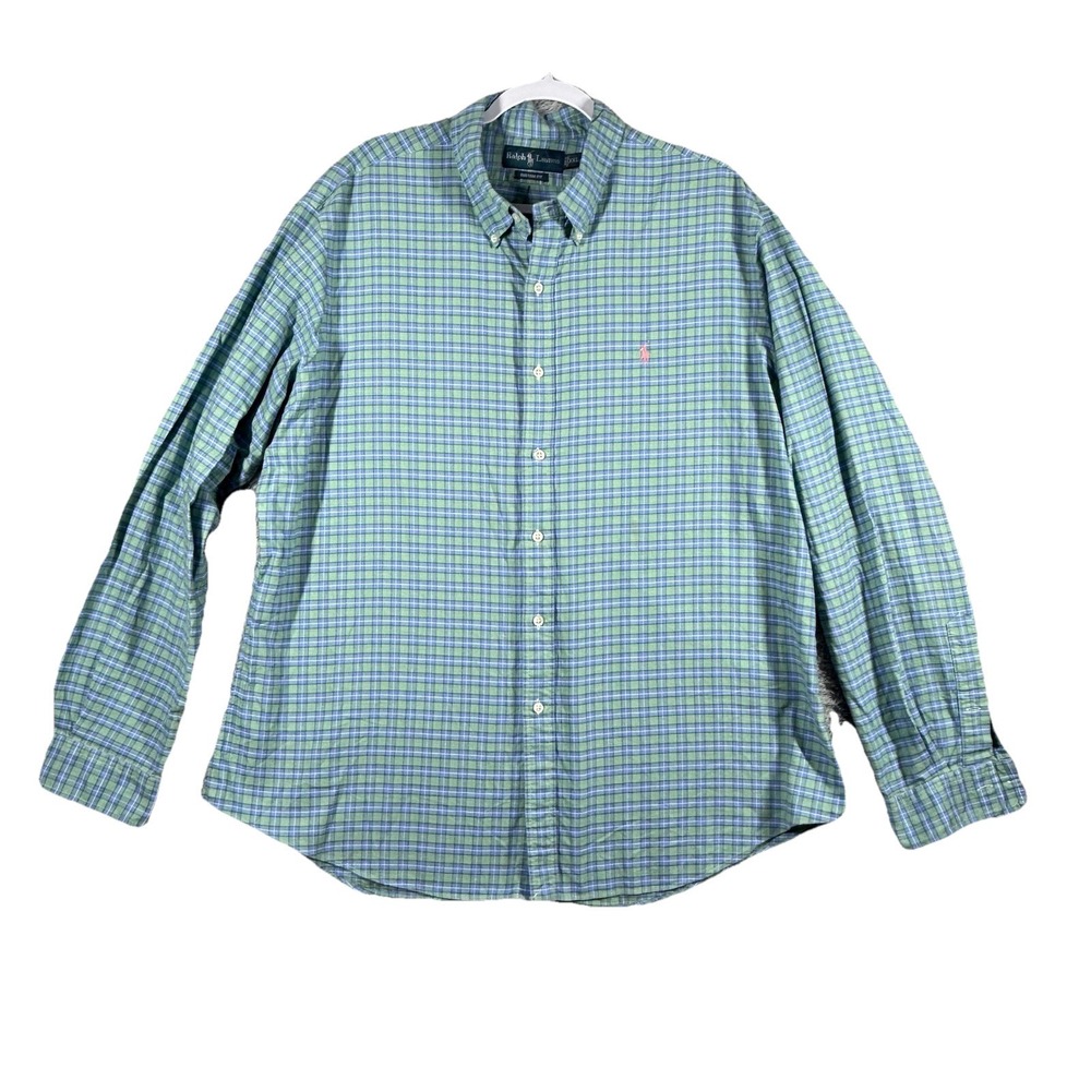 Ralph Lauren Shirt Mens 2XL Green Plaid custom fit Oxford Preppy Button Up